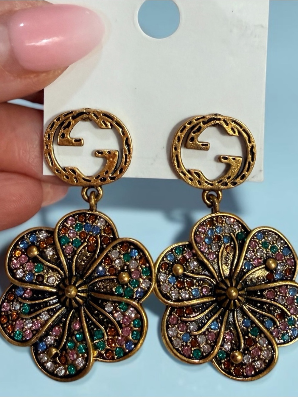 Gold-Tone Multicolor LOGO Crystal Flower Drop Earrings | NEW